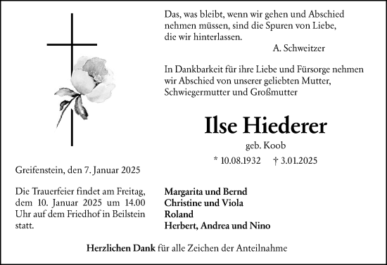 Traueranzeige von Ilse Hiederer von Dill Block
