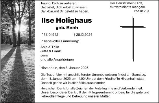 Traueranzeige von Ilse Holighaus von Dill Block