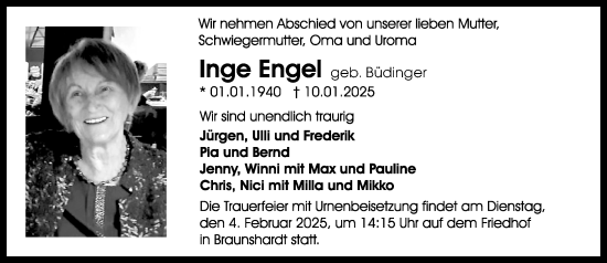 Traueranzeige von Inge Engel von Darmstädter Echo