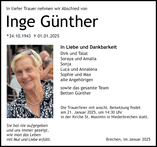 Traueranzeige von Inge Günther von Camberger Anzeiger