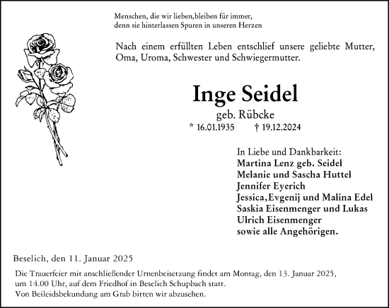 Traueranzeige von Inge Seidel von Nassauische Neue Presse