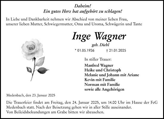 Traueranzeige von Inge Wagner von Dill Block