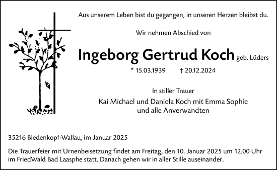 Traueranzeige von Ingeborg Gertrud Koch von Hinterländer Anzeiger