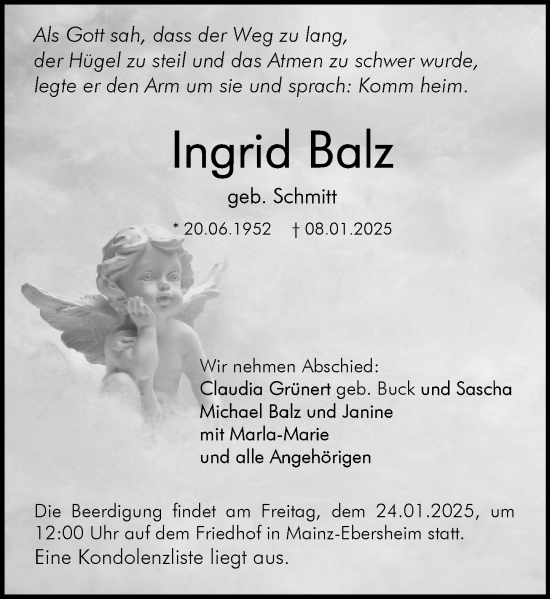 Traueranzeige von Ingrid Balz von Allgemeine Zeitung Mainz