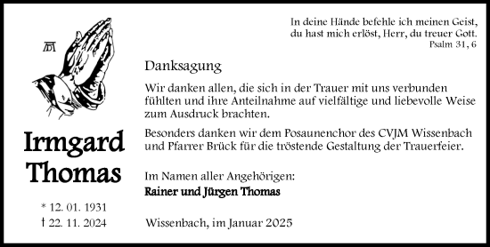 Traueranzeige von Irmgard Thomas von Dill Block