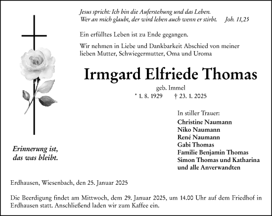 Traueranzeige von Irmgard Elfriede Thomas von Hinterländer Anzeiger