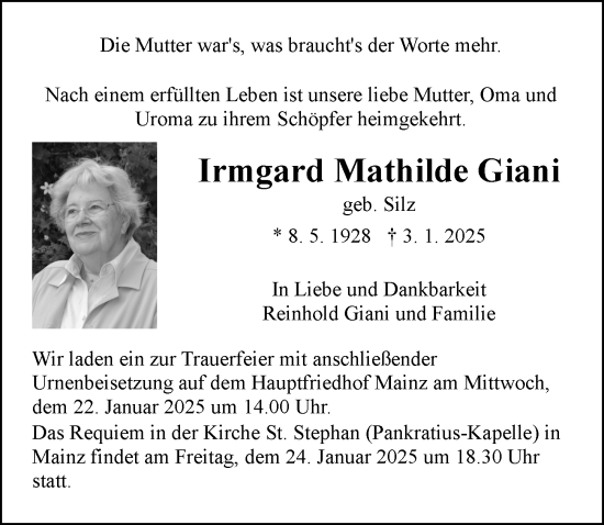 Traueranzeige von Irmgard Mathilde Giani von Allgemeine Zeitung Mainz