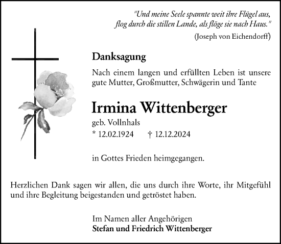 Traueranzeige von Irmina Wittenberger von Hochheimer Zeitung