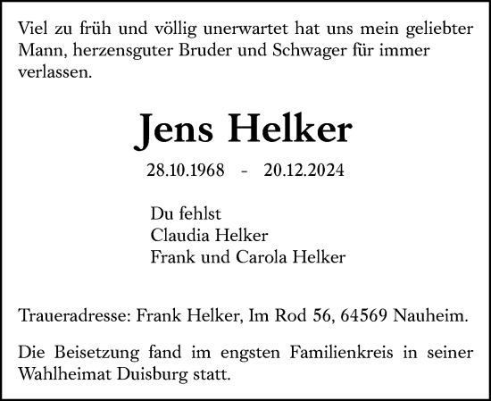 Traueranzeige von Jens Helker von Rüsselsheimer Echo