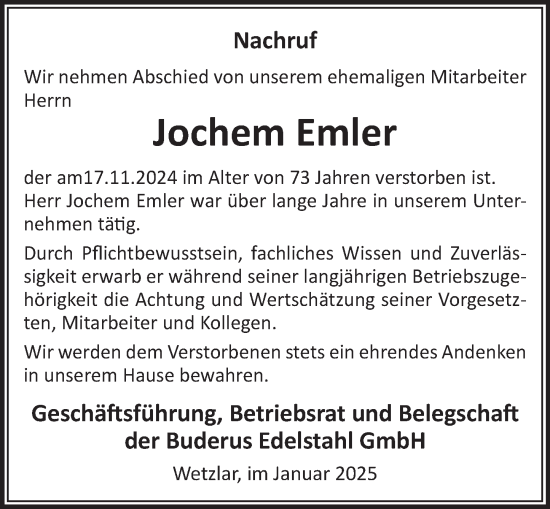 Traueranzeige von Jochem Emler von Wetzlarer Neue Zeitung