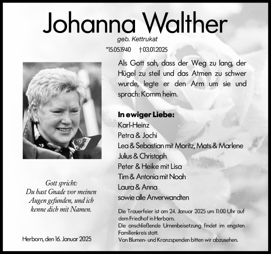 Traueranzeige von Johanna Walther von Dill Block