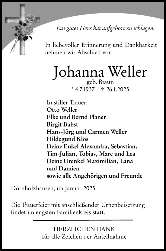 Traueranzeige von Johanna Weller von Wetzlarer Neue Zeitung