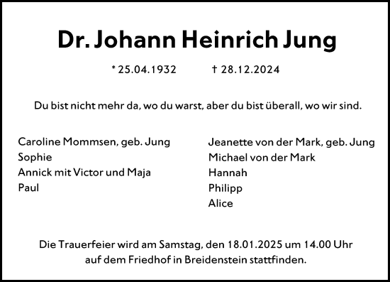 Traueranzeige von Johann Heinrich Jung von Hinterländer Anzeiger