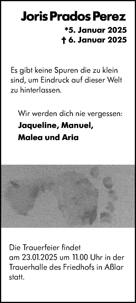 Traueranzeige von Joris Prados Perez von Wetzlarer Neue Zeitung