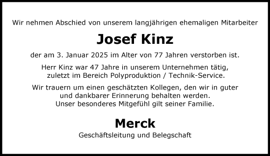 Traueranzeige von Josef Kinz von Darmstädter Echo