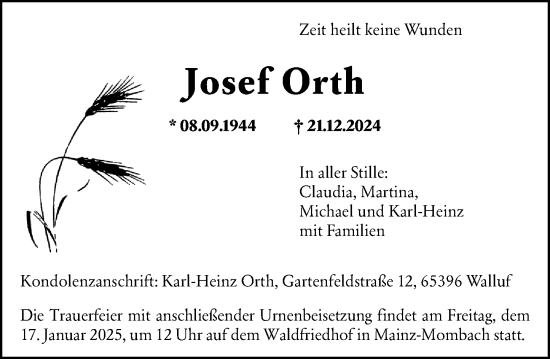 Traueranzeige von Josef Orth von Allgemeine Zeitung Rheinhessen-Nahe