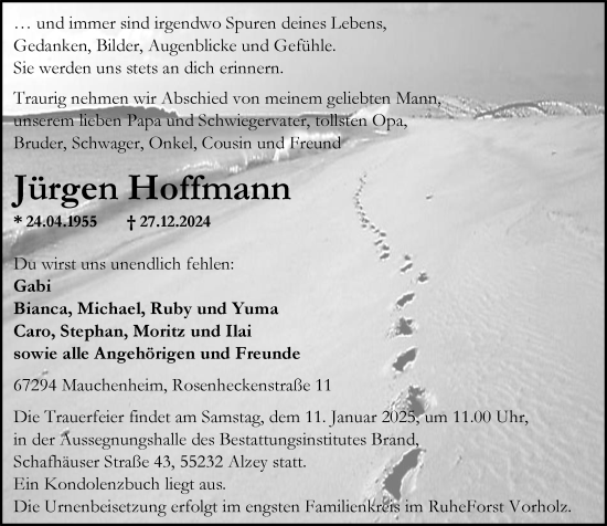 Traueranzeige von Jürgen Hoffmann von Allgemeine Zeitung Alzey