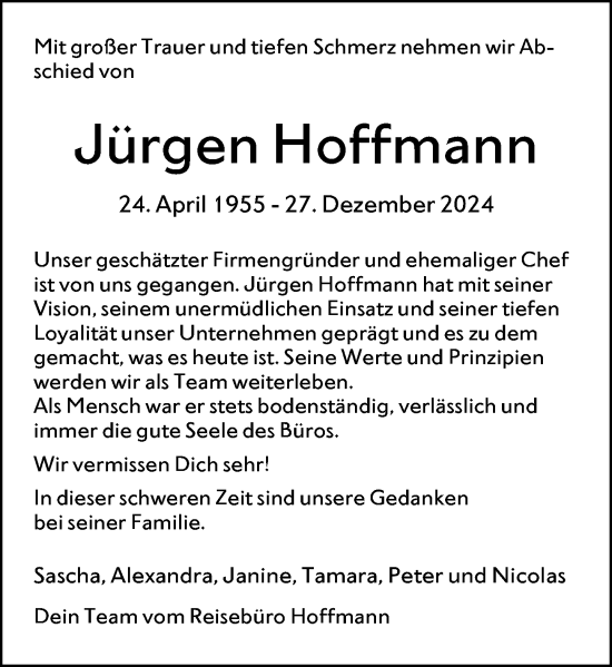 Traueranzeige von Jürgen Hoffmann von Allgemeine Zeitung Alzey
