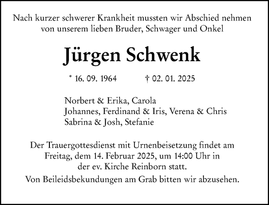 Traueranzeige von Jürgen Schwenk von Camberger Anzeiger