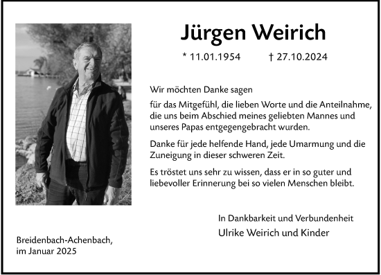 Traueranzeige von Jürgen Weirich von Hinterländer Anzeiger