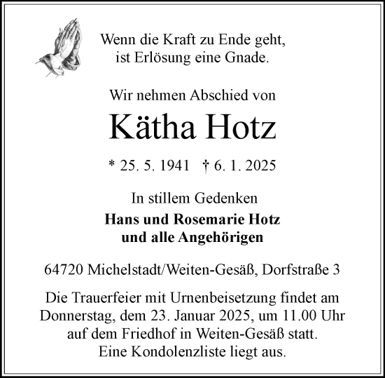 Traueranzeige von Kätha Hotz von Odenwälder Echo