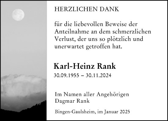 Traueranzeige von Karl-Heinz Rank von Allgemeine Zeitung Rheinhessen-Nahe