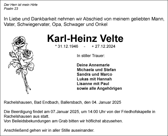 Traueranzeige von Karl-Heinz Velte von Hinterländer Anzeiger