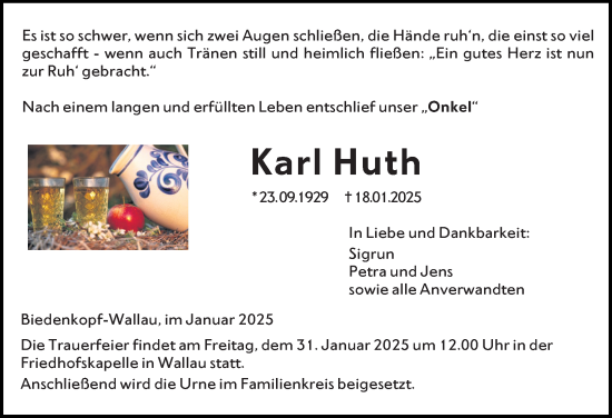 Traueranzeige von Karl Huth von Hinterländer Anzeiger