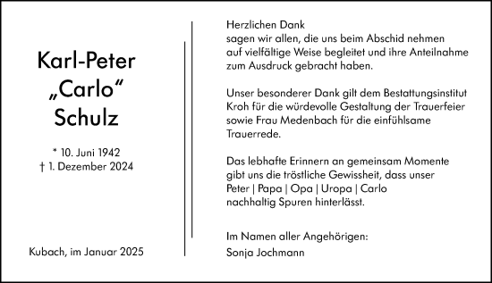 Traueranzeige von Karl-Peter Schulz von Weilburger Tageblatt
