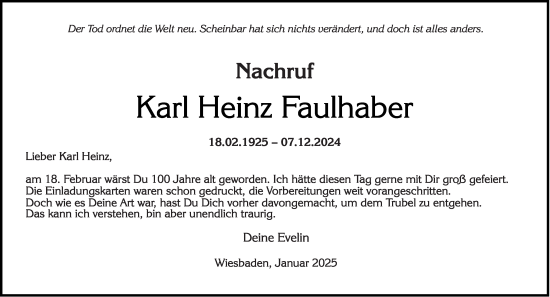 Traueranzeige von Karl Heinz Faulhaber von Wiesbadener Kurier