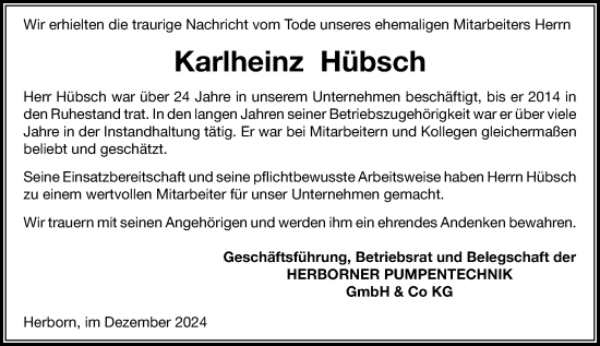 Traueranzeige von Karlheinz Hübsch von Dill Block