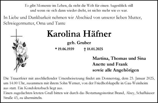 Traueranzeige von Karolina Häfner von Allgemeine Zeitung Alzey