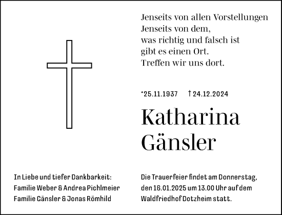 Traueranzeige von Katharina Gänsler von Wiesbadener Kurier