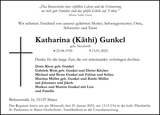 Traueranzeige von Katharina Gunkel von Allgemeine Zeitung Mainz