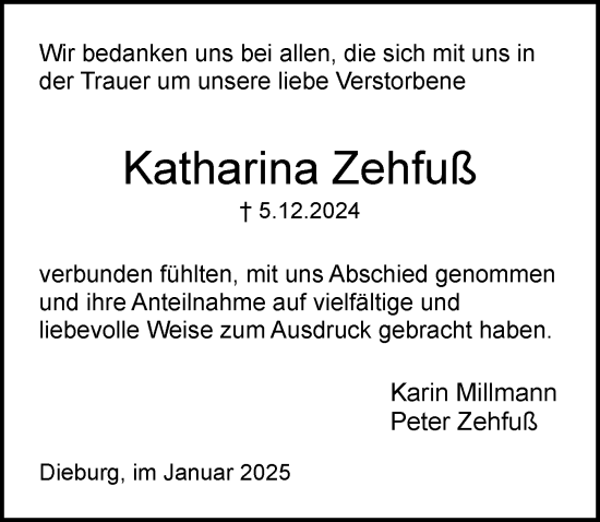 Traueranzeige von Katharina Zehfuß von Dieburger Anzeiger/Groß-Zimmerner Lokal-Anzeiger