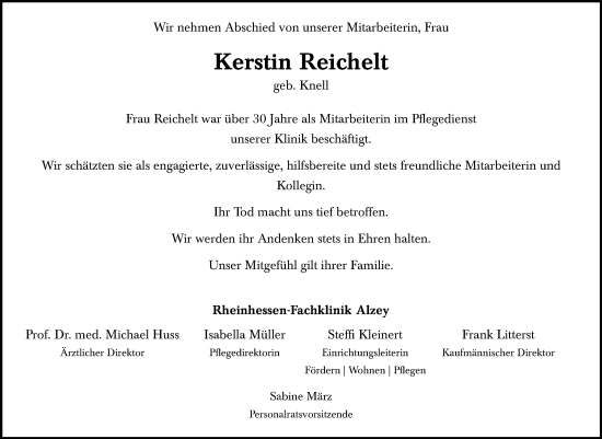 Traueranzeige von Kerstin Reichelt von Allgemeine Zeitung Alzey