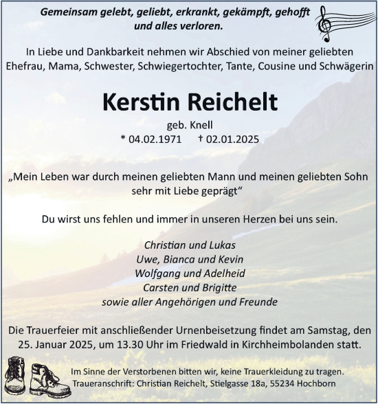 Traueranzeige von Kerstin Reichelt von Allgemeine Zeitung Alzey