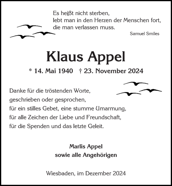 Traueranzeige von Klaus Appel von Wiesbadener Kurier
