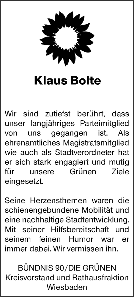 Traueranzeige von Klaus Bolte von Wiesbadener Kurier