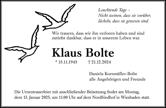 Traueranzeige von Klaus Bolte von Wiesbadener Kurier