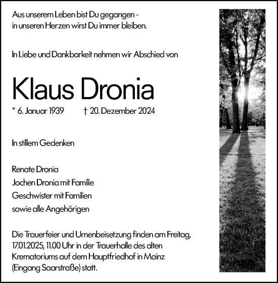 Traueranzeige von Klaus Dronia von Allgemeine Zeitung Mainz