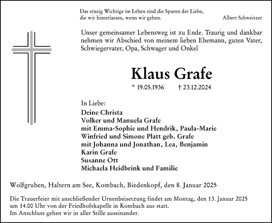 Traueranzeige von Klaus Grafe von Hinterländer Anzeiger