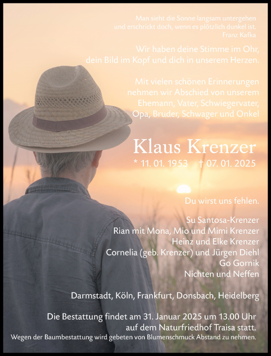 Traueranzeige von Klaus Krenzer von Darmstädter Echo