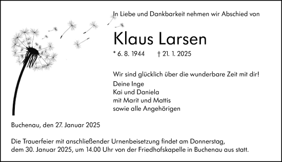 Traueranzeige von Klaus Larsen von Hinterländer Anzeiger