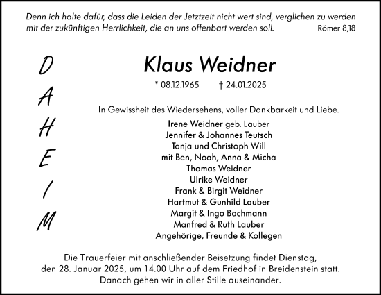 Traueranzeige von Klaus Weidner von Hinterländer Anzeiger