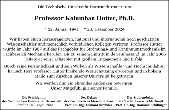 Traueranzeige von Kolumban Hutter von Darmstädter Echo