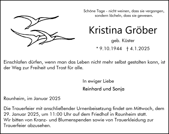Traueranzeige von Kristina Gröber von Rüsselsheimer Echo