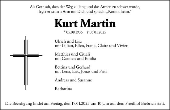 Traueranzeige von Kurt Martin von Wiesbadener Kurier