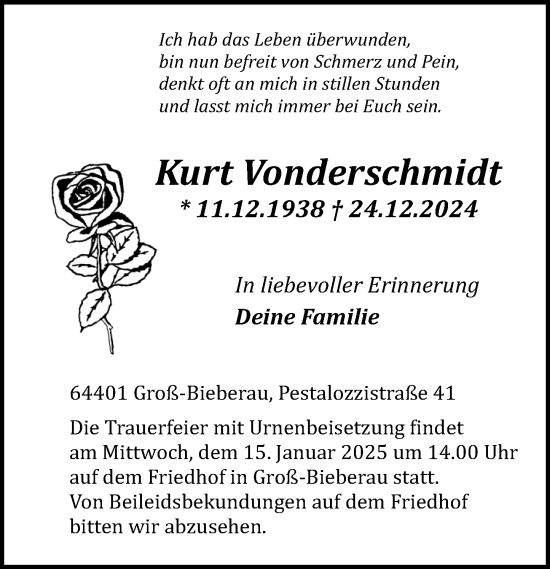 Traueranzeige von Kurt Vonderschmidt von Darmstädter Echo