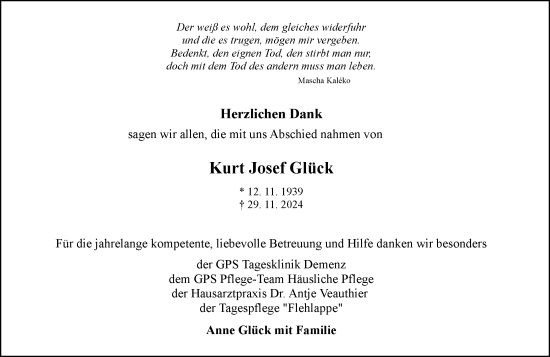 Traueranzeige von Kurt Josef Glück von Allgemeine Zeitung Mainz